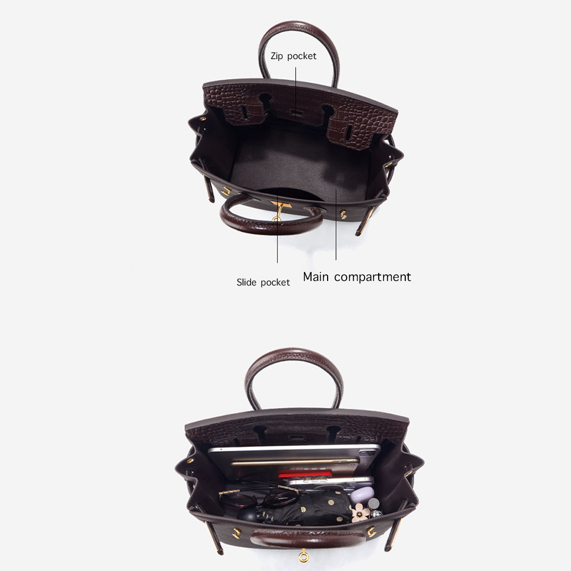 Croc Embossed Top Grain Leather Handbag with Gold-Tone Twist Lock detail image 5