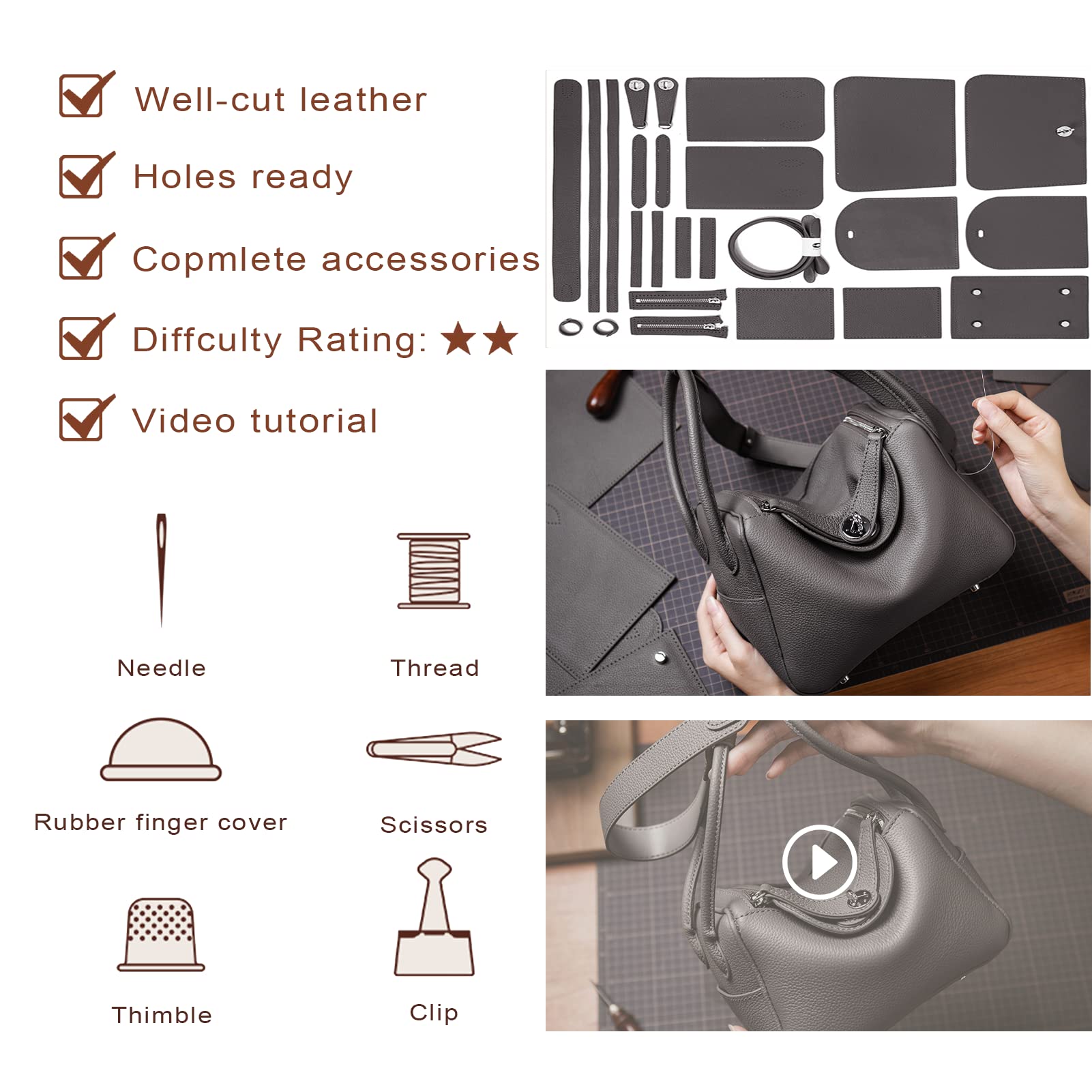 HandsewGift Top Grain Leather Shoulder Bag DIY Kit detail image 2
