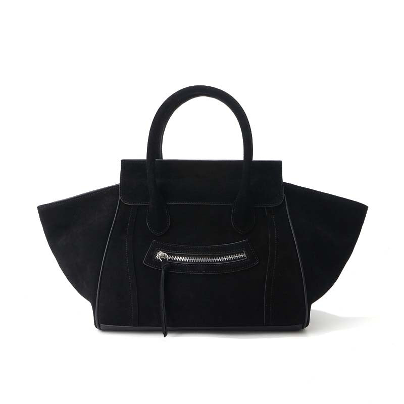 Large Suede Winged Handbag with Smile Zipper – Coffee, Brown, Dark Brown, Black, Wine Red detail image 12