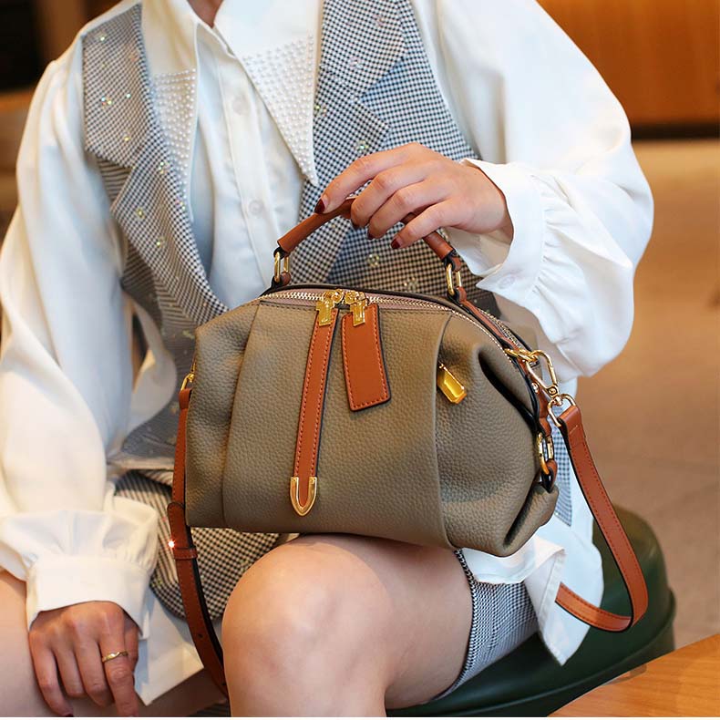 Pebbled Grain Leather Boston Bag | Cowhide Crossbody Satchel detail image 14