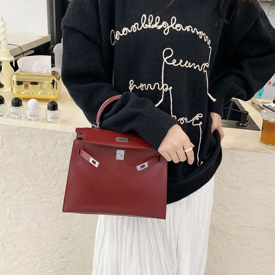 Top Grain Leather Mini Sellier Top Handle Bag - Black and Red detail image 3