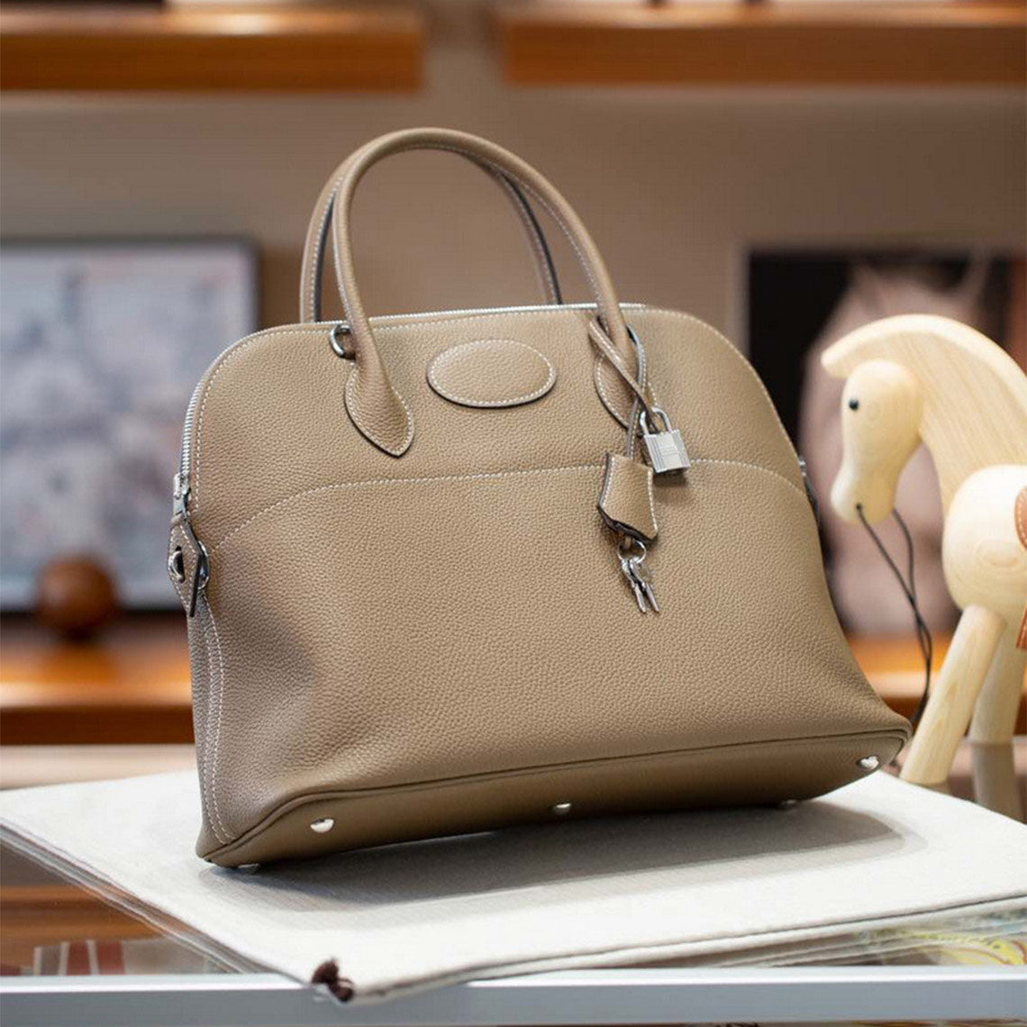 Top Grain Leather Boli Handbag in Blue, Black, Taupe, Gold Brown detail image 9