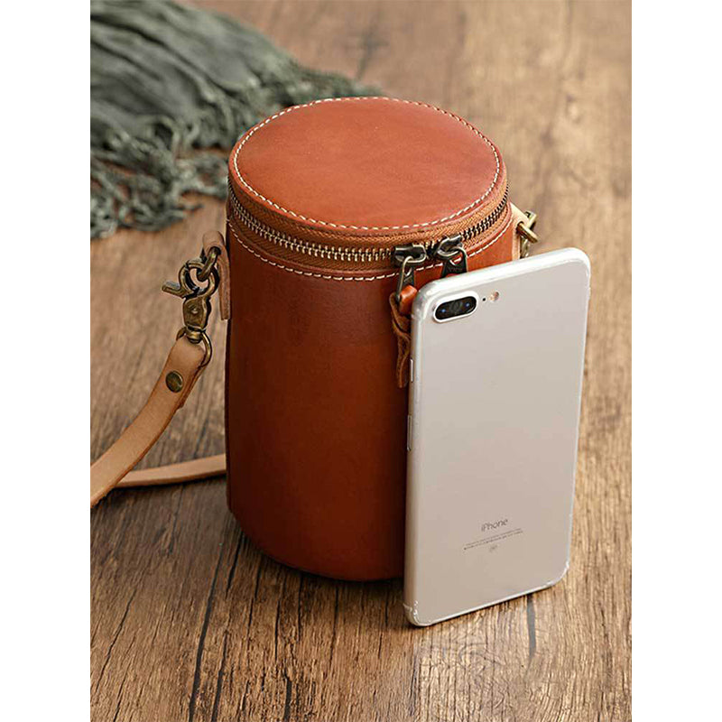 Small Vegetable Tanned Leather Bucket Bag with Adjustable Strap detail image 4