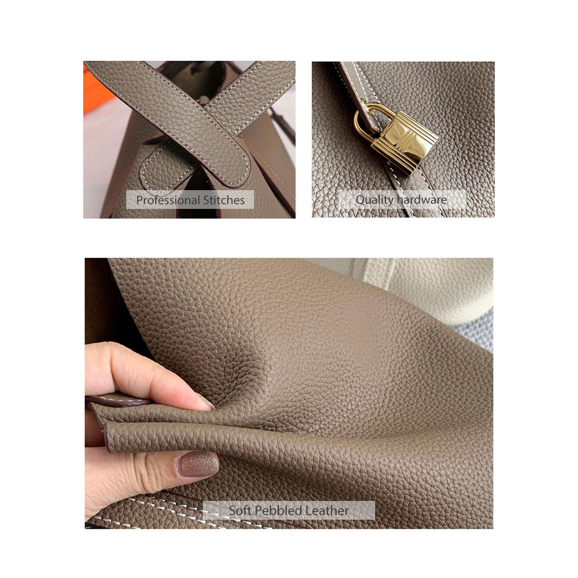 Top Grain Leather Bucket Bag Handbag with Suede Lining - Small and Large Sizes detail image 5