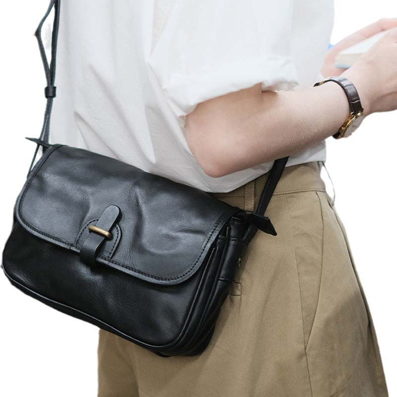 Small Square Leather Messenger Bag with Adjustable Strap – Black & Brown detail image 19