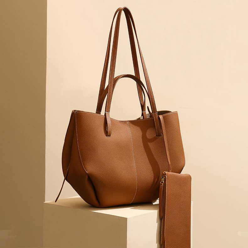 Genuine Leather Pleated Tote Bag with Matching Pouch – Large Capacity Handbag detail image 5