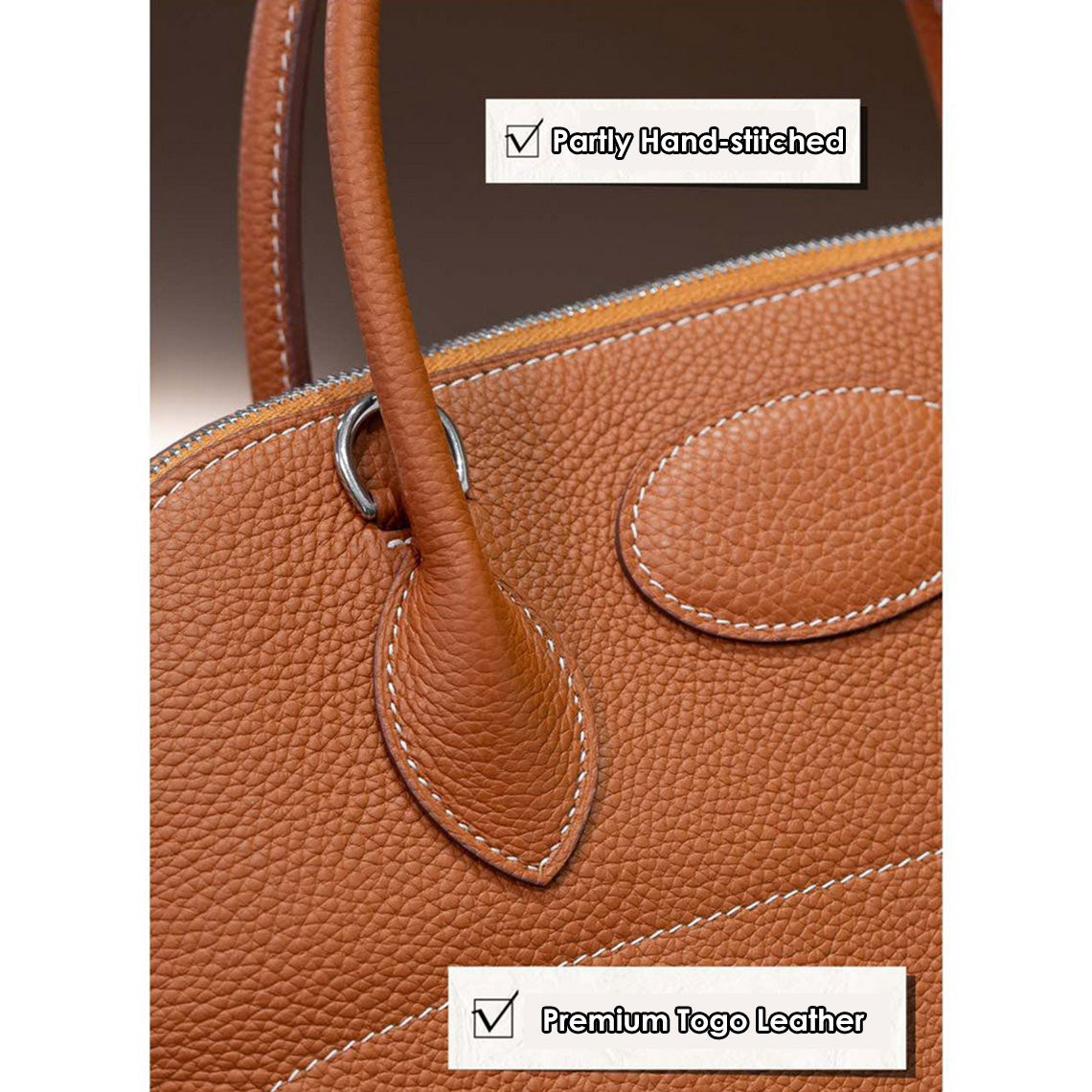 Top Grain Leather Boli Handbag in Blue, Black, Taupe, Gold Brown detail image 14