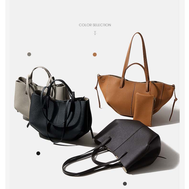 Genuine Leather Pleated Tote Bag with Matching Pouch – Large Capacity Handbag detail image 1