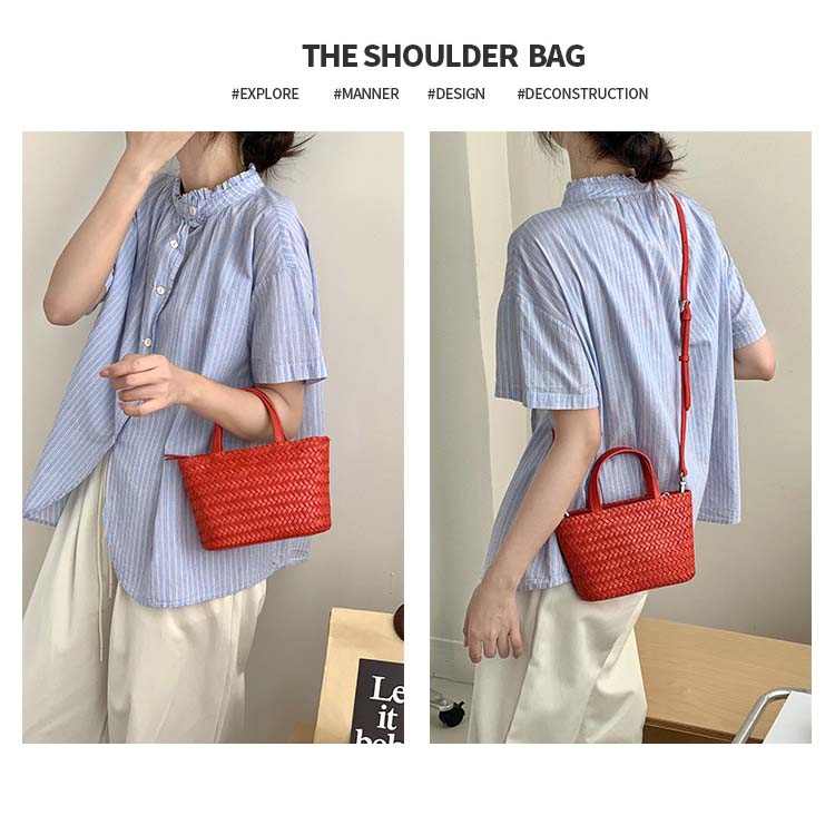 Hand-Woven Cowhide Tote Bag with Crossbody Strap in Five Colors detail image 14