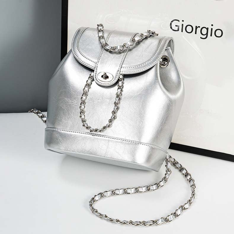 Urban Minimalist Split Cowhide Leather Chain Bag – Silver, Black, Cream White, Black & Cream White detail image 4