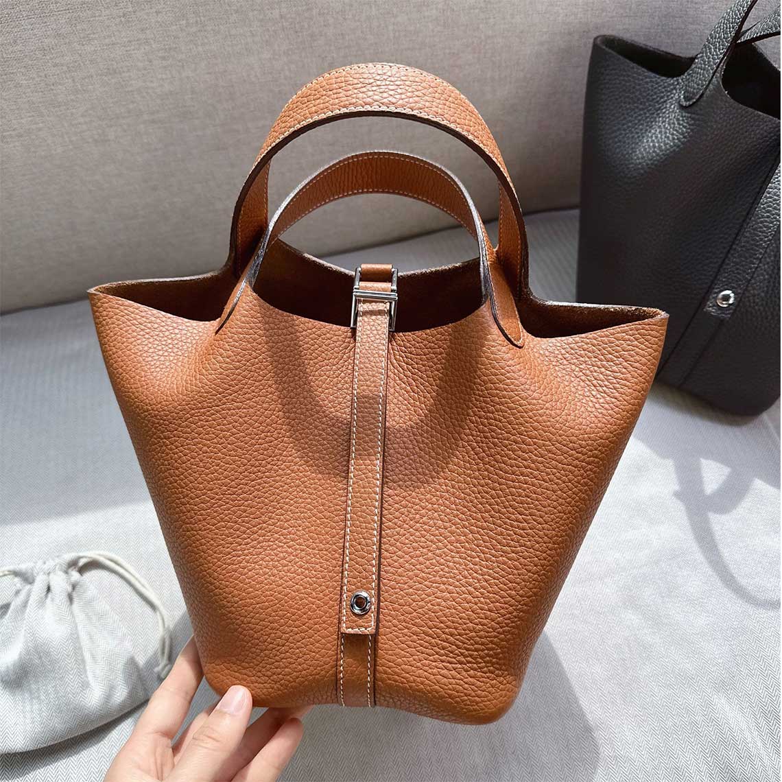 Top Grain Leather Bucket Bag with Lock Design - Small, Multiple Colors & Hardware Options product image 1