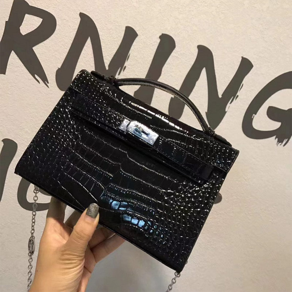 Top Grain Leather Top Handle Clutch Bag with Detachable Chain detail image 1
