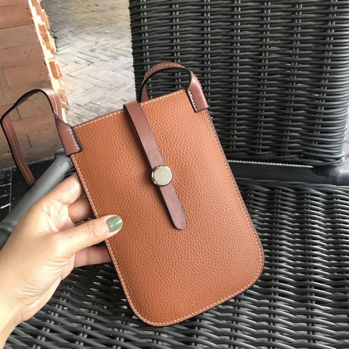 Top Grain Leather Strap Phone Bag in Brown, Khaki, Black, Yellow, Orange product image 1