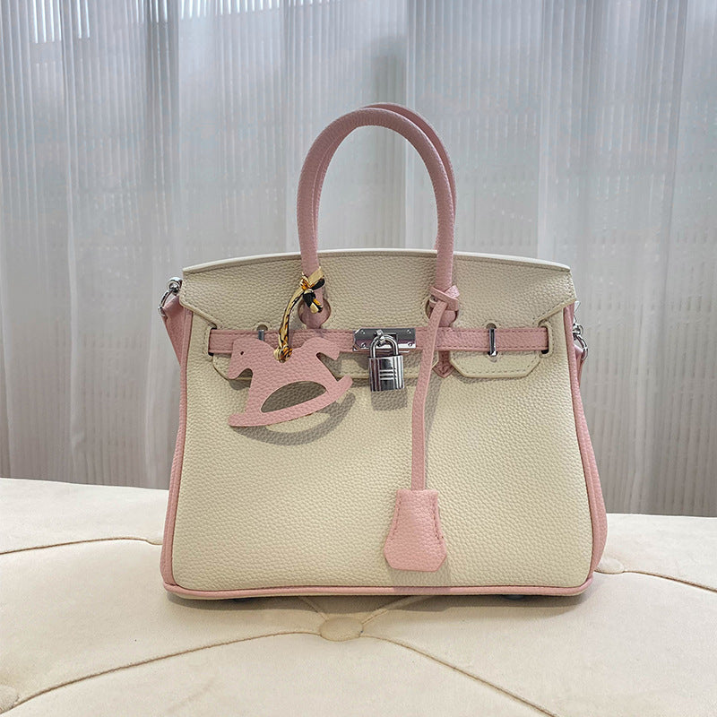 Bi-Color Top Handle Leather Bag in Mini and Small Sizes with Silver Hardware detail image 2
