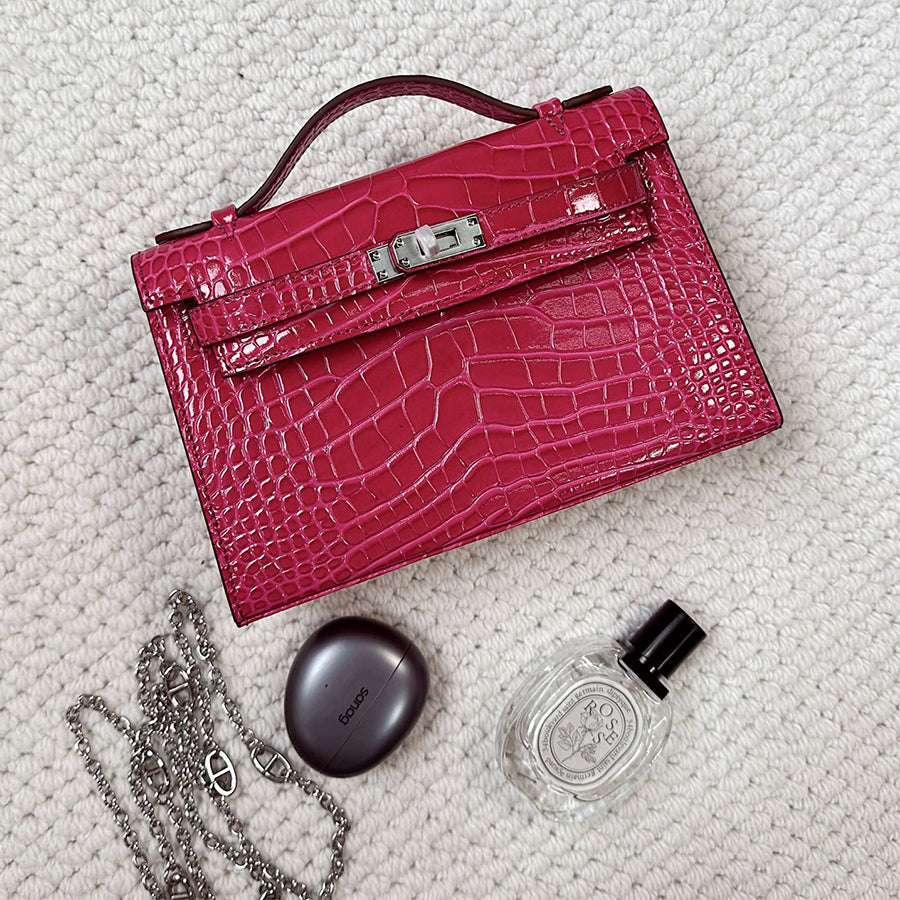 Top Grain Leather Top Handle Clutch Bag with Detachable Chain detail image 6