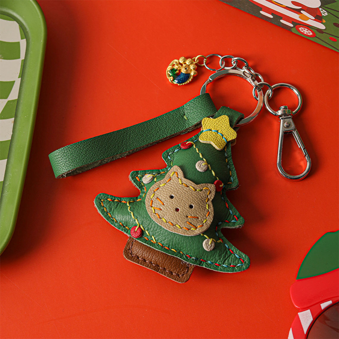 Hand Sewn Leather Kitty Christmas Tree Keychain DIY Kit product image 1