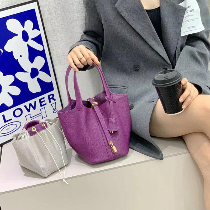 Top Grain Leather Mini Tote Bag with Lock – Small Size, Multiple Colors detail image 5