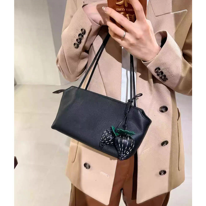 Minimalist Sheepskin Leather Shoulder Tote in Black and Dark Brown detail image 2