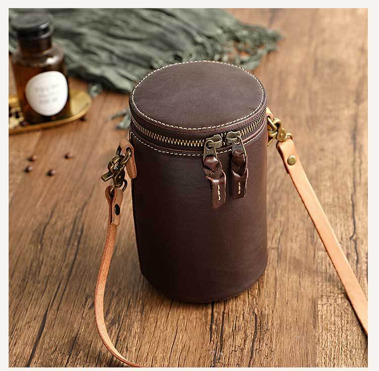 Small Vegetable Tanned Leather Bucket Bag with Adjustable Strap detail image 10