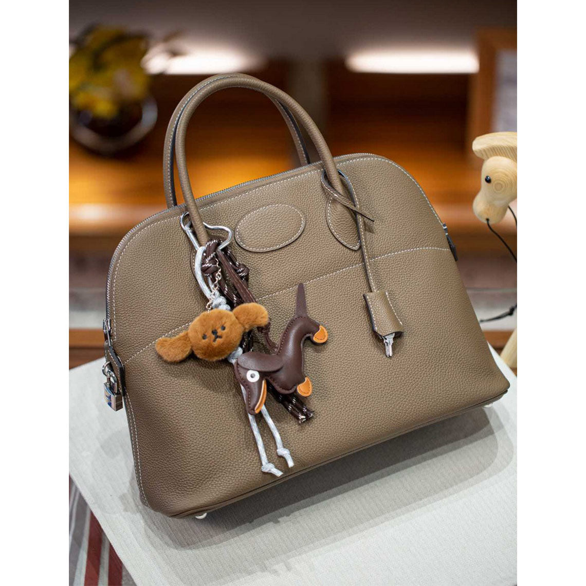 Top Grain Leather Boli Handbag in Blue, Black, Taupe, Gold Brown detail image 10