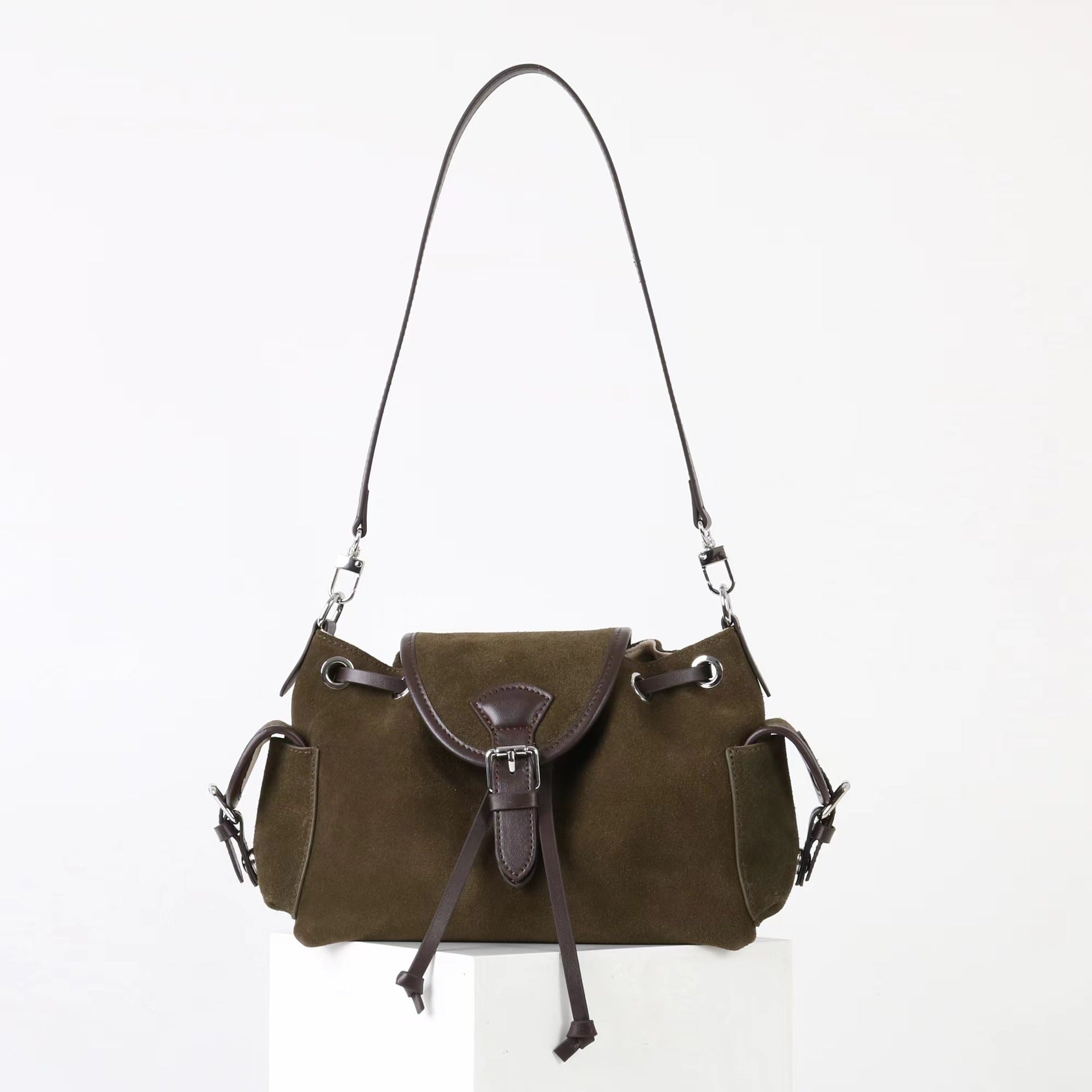 Suede Multi-Pocket Crossbody Bag with Drawstring & Buckle Closure detail image 9