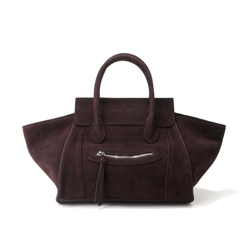 Large Suede Winged Handbag with Smile Zipper – Coffee, Brown, Dark Brown, Black, Wine Red detail image 1