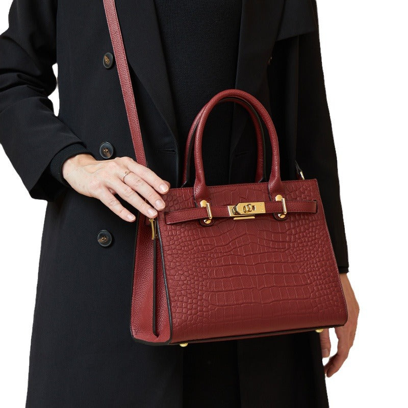 Croc-Embossed Top Grain Leather Tote – 28 cm Structured Handbag with Crossbody Strap detail image 2
