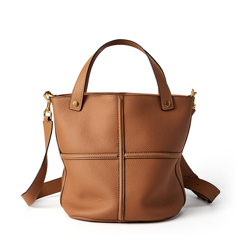 Premium Full Grain Leather Bucket Bag - Minimalist Daily Tote detail image 8