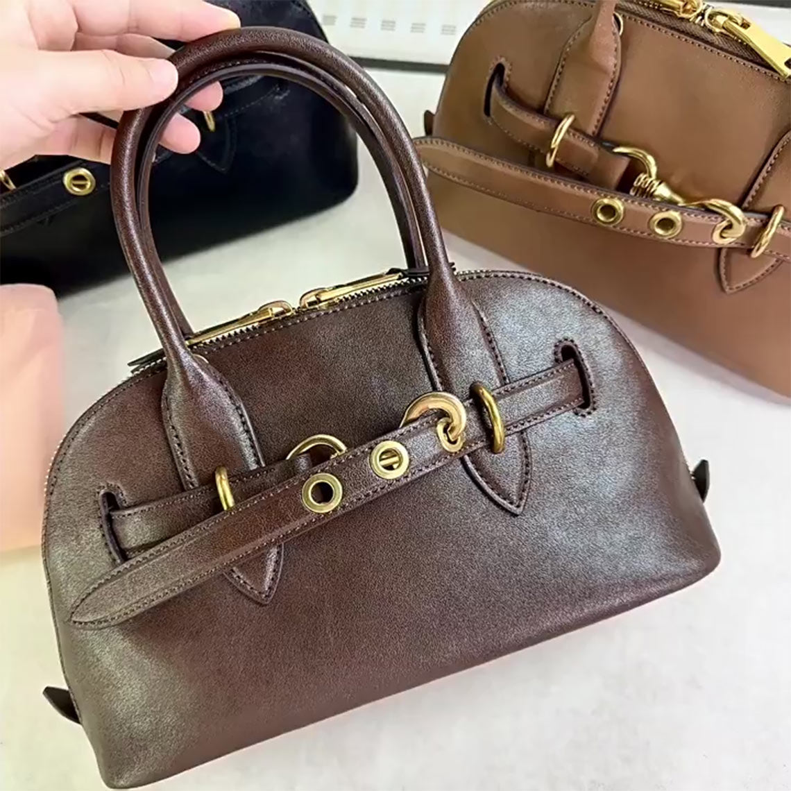 Leather Retro Bowling Top Handle Bag in Black, Saddle Brown, Coffee Brown detail image 1