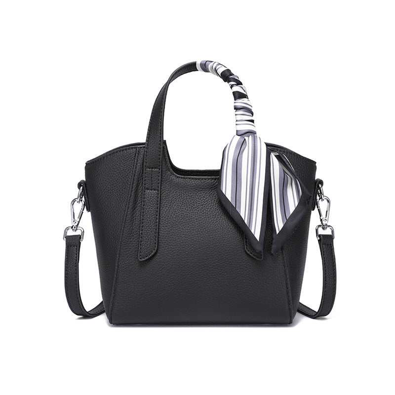 Pebbled Grain Leather Mini Bucket Bag with Floral Scarf detail image 6