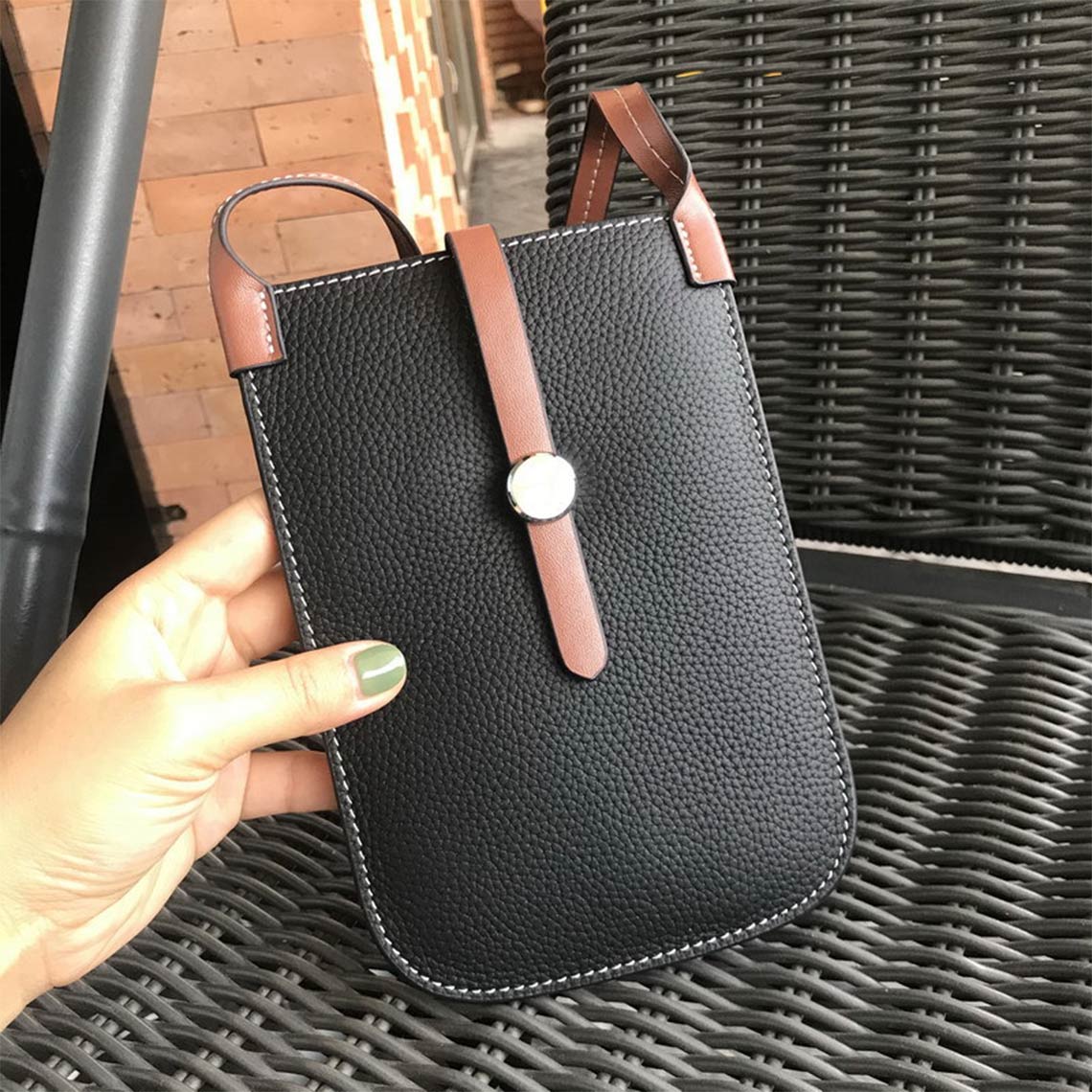 Top Grain Leather Strap Phone Bag in Brown, Khaki, Black, Yellow, Orange detail image 7