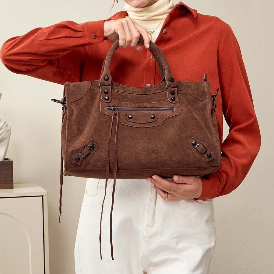 Nubuck Leather Moto City Tote Bag - Large Studded Hobo Purse detail image 6