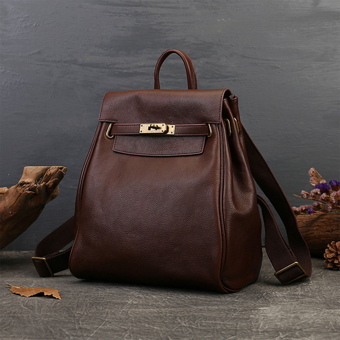 Top Grain Leather Classic Backpack for Women in Brown or Black detail image 6