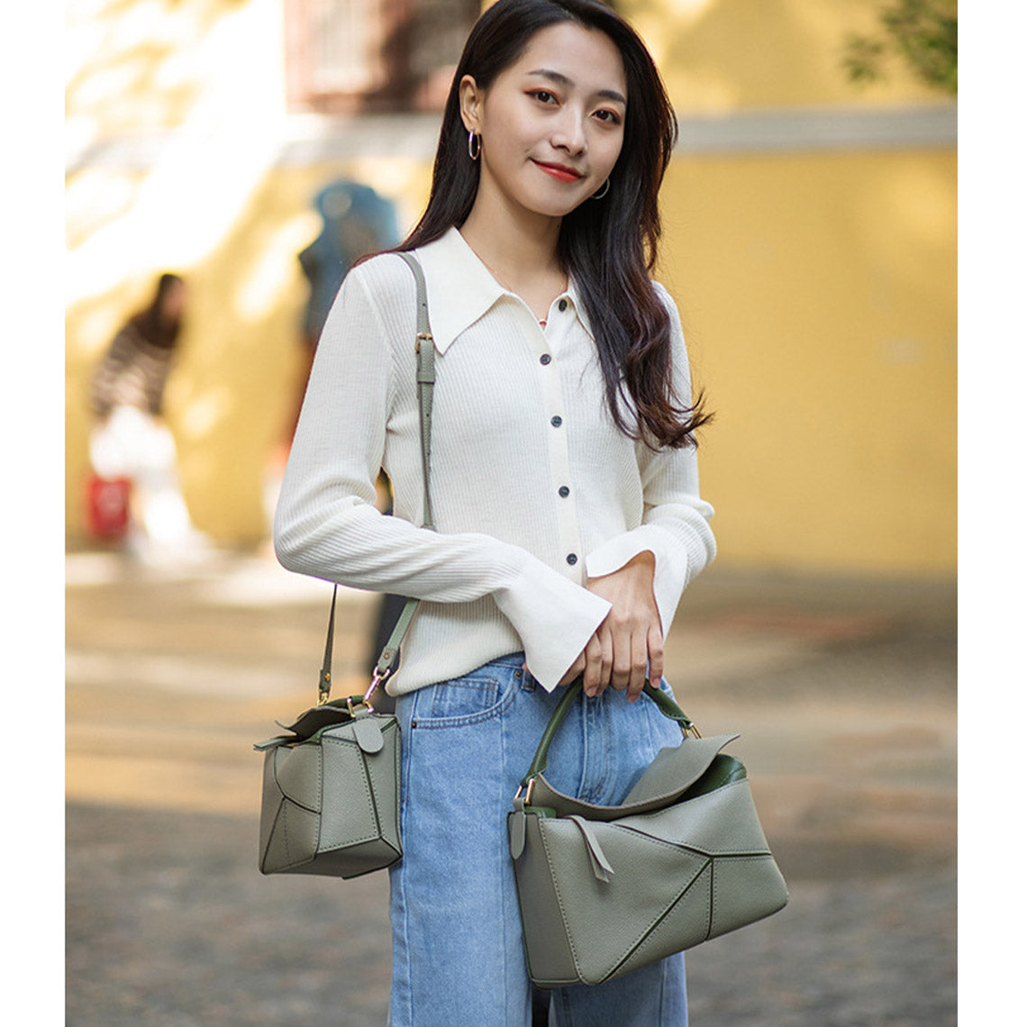 Handsewgift Leather Geometry Crossbody Bag DIY Kit - Green & Grey or Brown, Large detail image 11