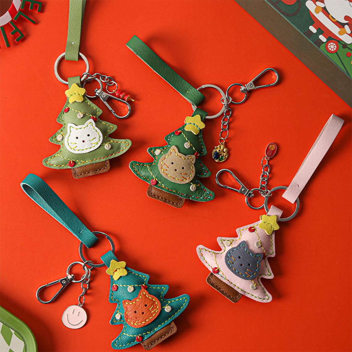 Hand Sewn Leather Kitty Christmas Tree Keychain DIY Kit detail image 1