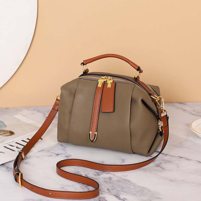 Pebbled Grain Leather Boston Bag | Cowhide Crossbody Satchel detail image 5