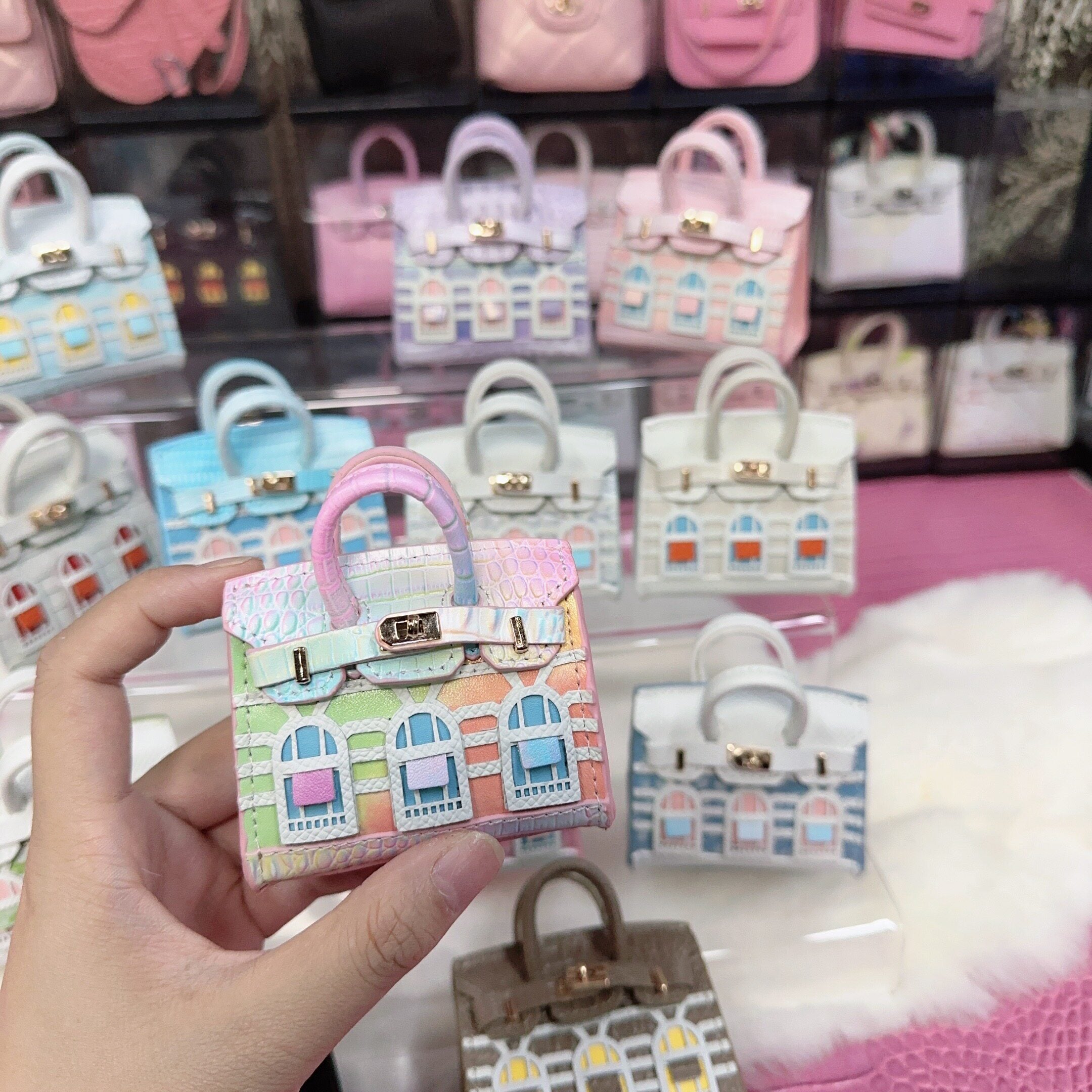 House-Shaped Mini Leather Bag Charm and Keychain in Multicolor Options detail image 1