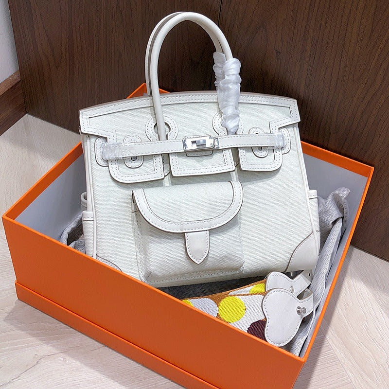 Cargo Top Handle Bag in Smooth Calfskin and Canvas - 25cm and 30cm detail image 4