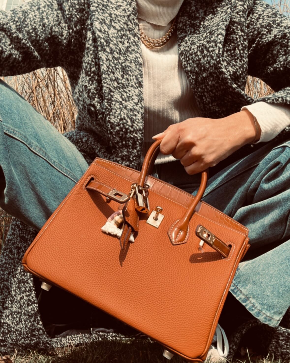 Top Grain Leather Croc Embossed Flap Top Handle Bag detail image 3