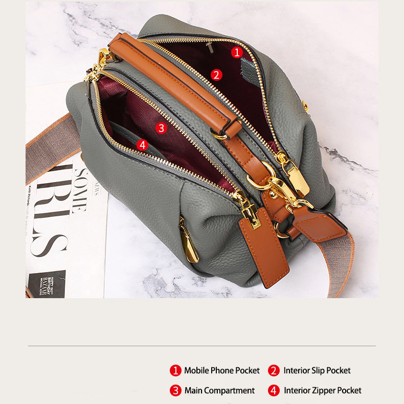 Pebbled Grain Leather Boston Bag | Cowhide Crossbody Satchel detail image 2