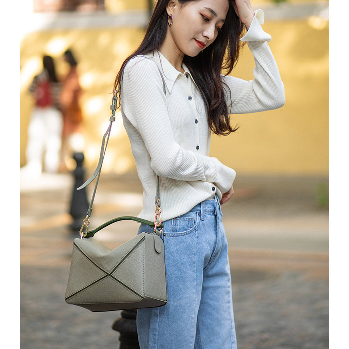 Handsewgift Leather Geometry Crossbody Bag DIY Kit - Green & Grey or Brown, Large detail image 10