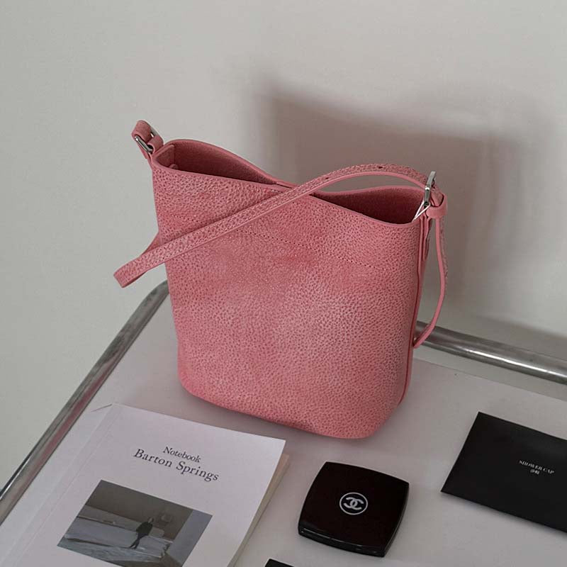 Genuine Leather Mini Bucket Bag with Adjustable Strap | Mint Green, Lilac Purple, Sakura Pink, Yellow detail image 4