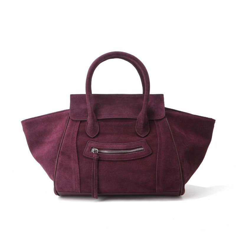Large Suede Winged Handbag with Smile Zipper – Coffee, Brown, Dark Brown, Black, Wine Red detail image 13