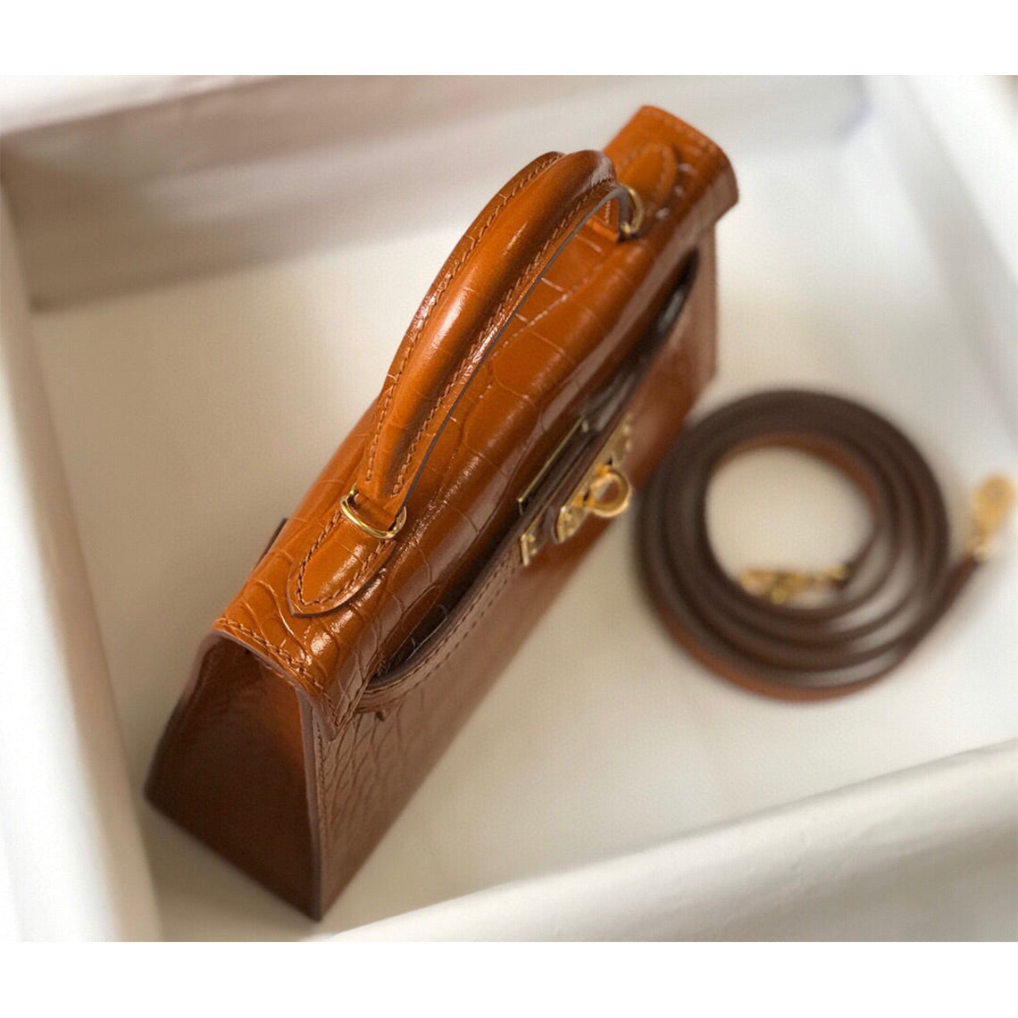 Croc Embossed Leather Mini Top Handle Bag with Detachable Strap detail image 6