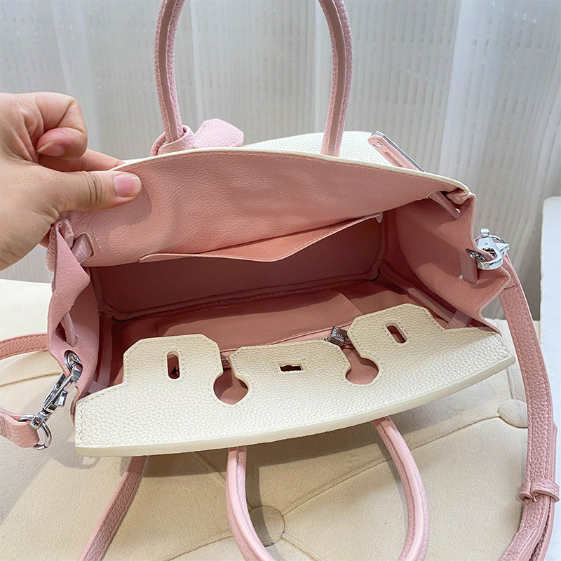 Bi-Color Top Handle Leather Bag in Mini and Small Sizes with Silver Hardware detail image 6