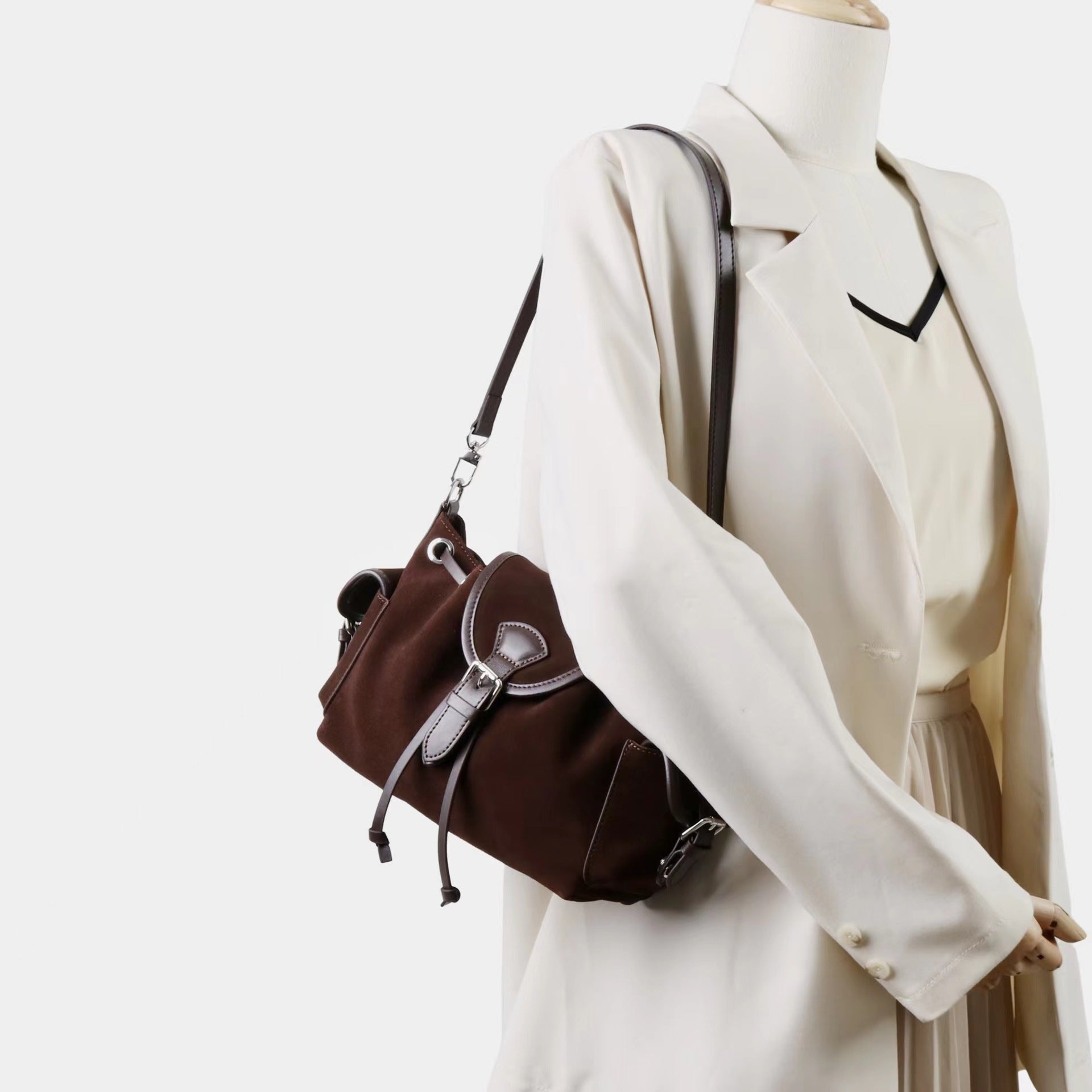Suede Multi-Pocket Crossbody Bag with Drawstring & Buckle Closure detail image 3