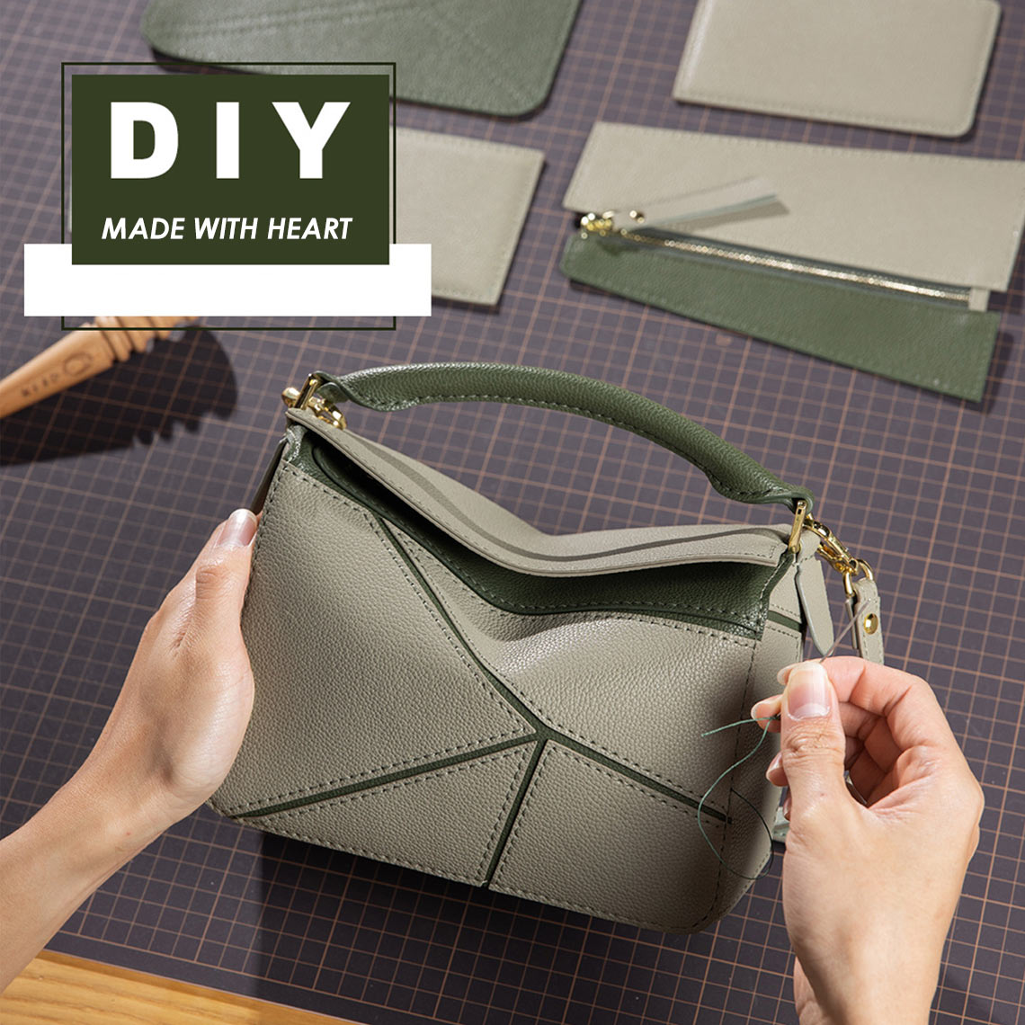Handsewgift Leather Geometry Crossbody Bag DIY Kit - Green & Grey or Brown, Large detail image 1
