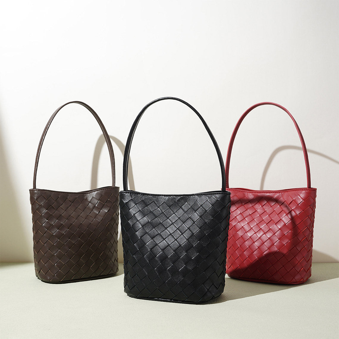 Sheep Leather Small Woven Tote Bag with Detachable Strap detail image 6