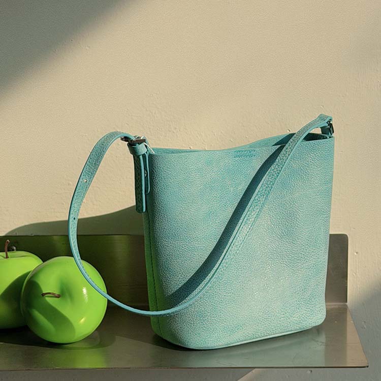 Genuine Leather Mini Bucket Bag with Adjustable Strap | Mint Green, Lilac Purple, Sakura Pink, Yellow product image 1