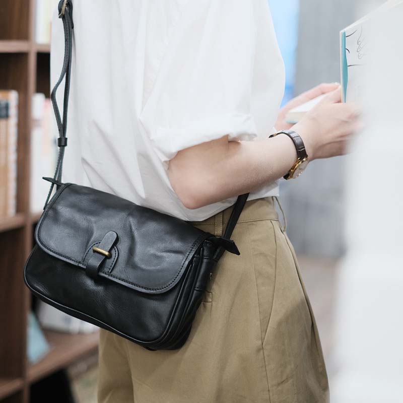 Small Square Leather Messenger Bag with Adjustable Strap – Black & Brown detail image 1